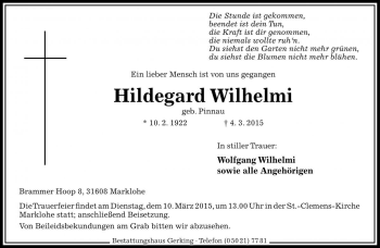 Traueranzeige von Hildegard Wilhelmi von Die Harke