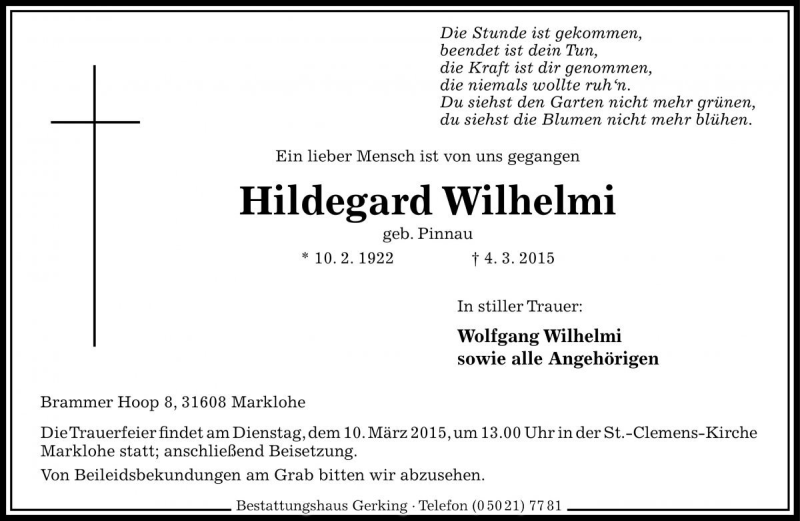  Traueranzeige für Hildegard Wilhelmi vom 06.03.2015 aus Die Harke