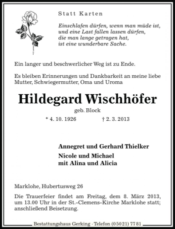 Traueranzeige von Hildegard Wischhöfer von Die Harke