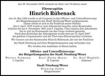 Traueranzeige von Hinrich Rübenack von Die Harke