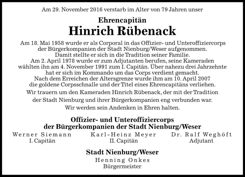  Traueranzeige für Hinrich Rübenack vom 06.12.2016 aus Die Harke