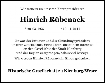 Traueranzeige von Hinrich Rübenack von Die Harke