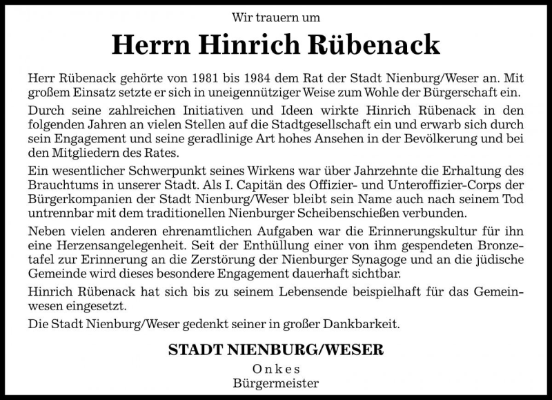  Traueranzeige für Hinrich Rübenack vom 03.12.2016 aus Die Harke