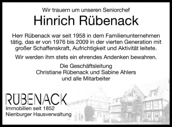 Traueranzeige von Hinrich Rübenack von Die Harke