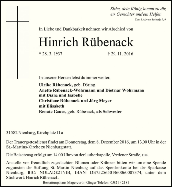 Traueranzeige von Hinrich Rübenack von Die Harke