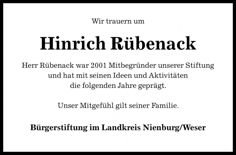  Traueranzeige für Hinrich Rübenack vom 06.12.2016 aus Die Harke
