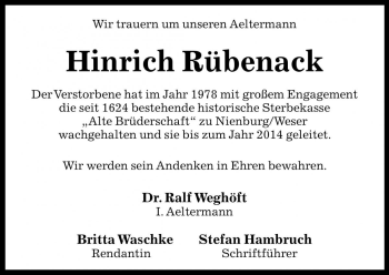Traueranzeige von Hinrich Rübenack von Die Harke