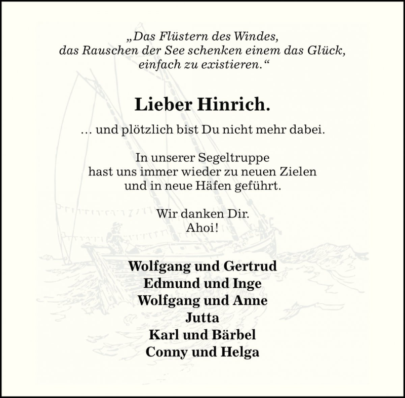  Traueranzeige für Hinrich Rübenack vom 06.12.2016 aus Die Harke