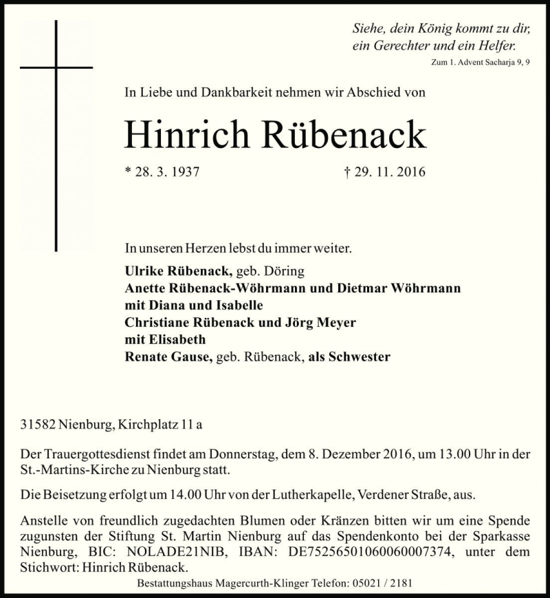  Traueranzeige für Hinrich Rübenack vom 03.12.2016 aus Die Harke