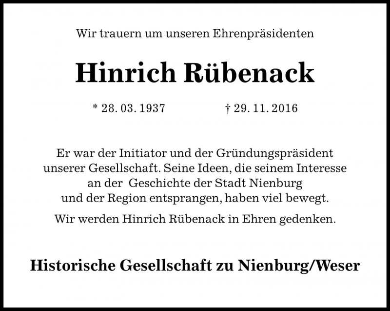  Traueranzeige für Hinrich Rübenack vom 03.12.2016 aus Die Harke