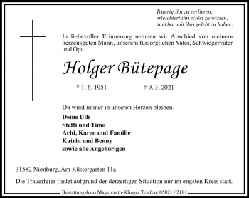 Traueranzeige von Holger Bütepage von Die Harke