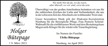 Traueranzeige von Holger Bütepage von Die Harke