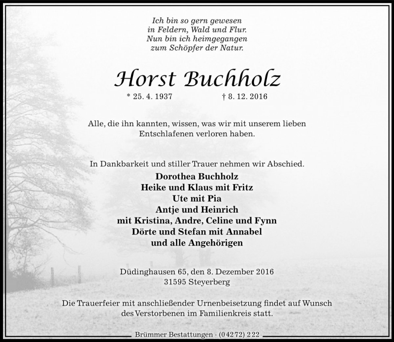  Traueranzeige für Horst Buchholz vom 10.12.2016 aus Die Harke