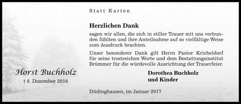  Traueranzeige für Horst Buchholz vom 07.01.2017 aus Die Harke
