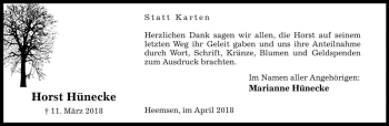 Traueranzeige von Horst Hünecke von Die Harke