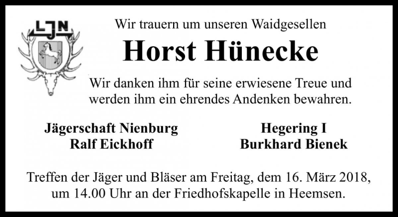  Traueranzeige für Horst Hünecke vom 14.03.2018 aus Die Harke