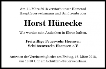 Traueranzeige von Horst Hünecke von Die Harke