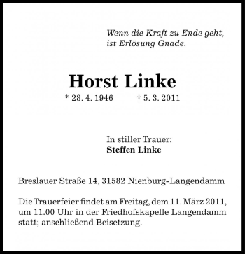 Traueranzeige von Horst Linke von Die Harke