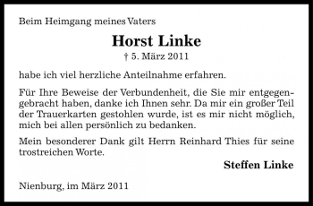Traueranzeige von Horst Linke von Die Harke