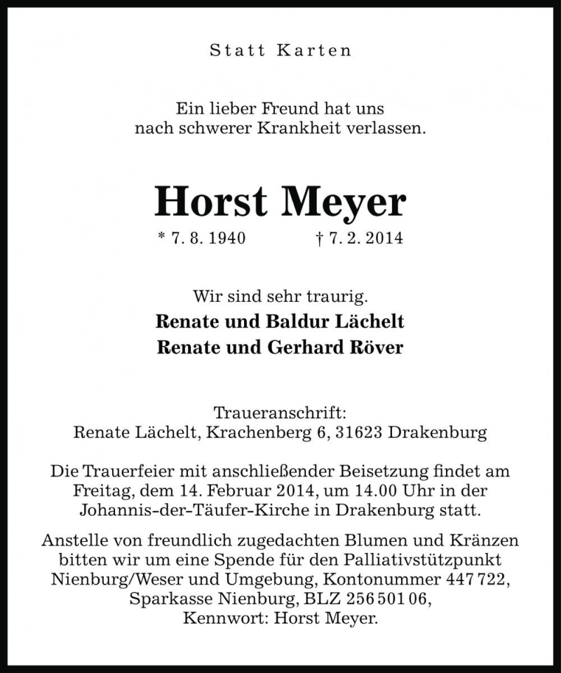  Traueranzeige für Horst Meyer vom 11.02.2014 aus Die Harke