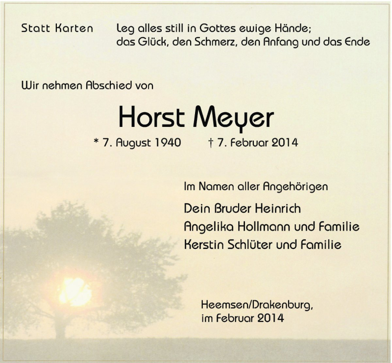  Traueranzeige für Horst Meyer vom 12.02.2014 aus Die Harke