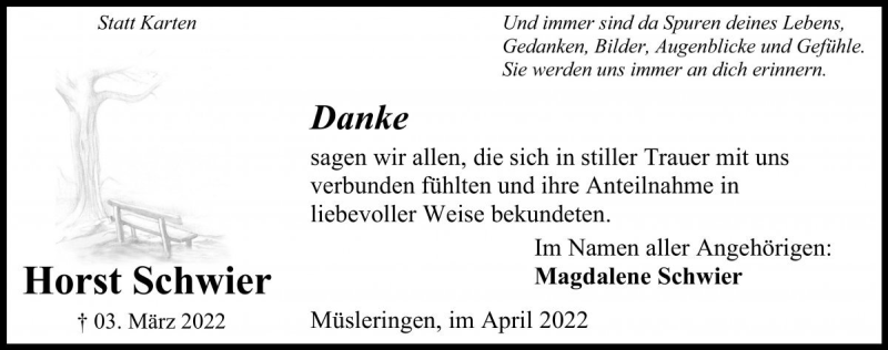  Traueranzeige für Horst Schwier vom 16.04.2022 aus Die Harke