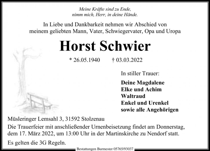  Traueranzeige für Horst Schwier vom 12.03.2022 aus Die Harke