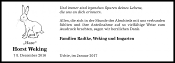 Traueranzeige von Horst Weking von Die Harke