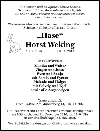 Traueranzeige von Horst Weking von Die Harke