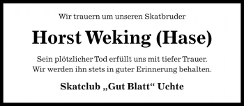 Traueranzeige von Horst Weking von Die Harke