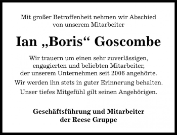 Traueranzeige von Ian Boris Goscombe von Die Harke