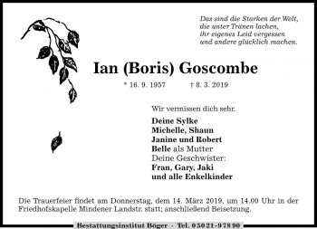 Traueranzeige von Ian Boris Goscombe von Die Harke