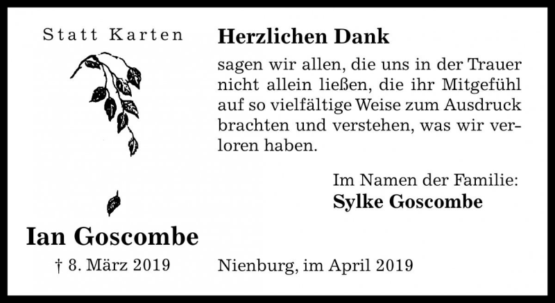  Traueranzeige für Ian Boris Goscombe vom 13.04.2019 aus Die Harke