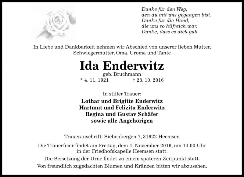  Traueranzeige für Ida Enderwitz vom 01.11.2016 aus Die Harke