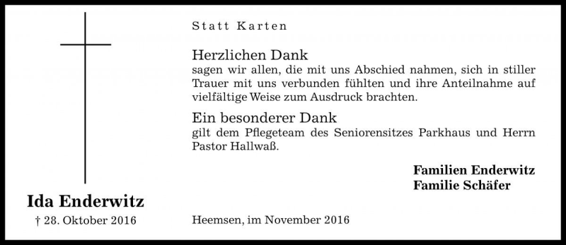  Traueranzeige für Ida Enderwitz vom 26.11.2016 aus Die Harke