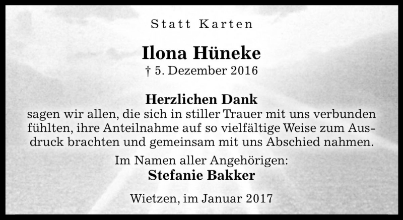  Traueranzeige für Ilona Hüneke vom 07.01.2017 aus Die Harke