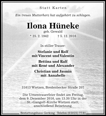 Traueranzeige von Ilona Hüneke von Die Harke