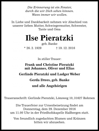 Traueranzeige von Ilse Pieratzki von Die Harke