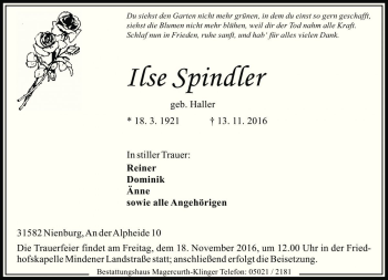 Traueranzeige von Ilse Spindler von Die Harke