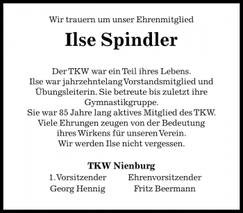 Traueranzeige von Ilse Spindler von Die Harke