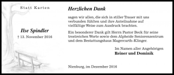 Traueranzeige von Ilse Spindler von Die Harke