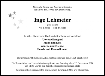 Traueranzeige von Inge Lehmeier von Die Harke