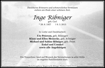 Traueranzeige von Inge Ribniger von Die Harke
