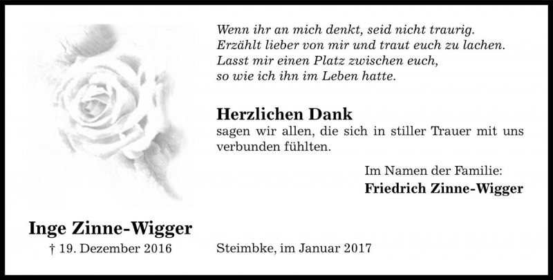  Traueranzeige für Inge Zinne-Wigger vom 07.01.2017 aus Die Harke