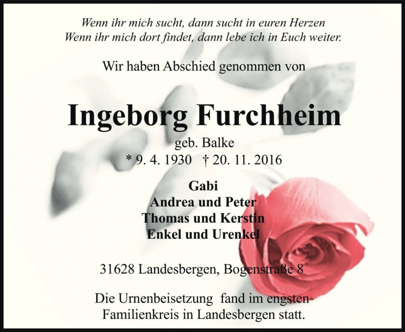  Traueranzeige für Ingeborg Furchheim vom 05.12.2016 aus Die Harke