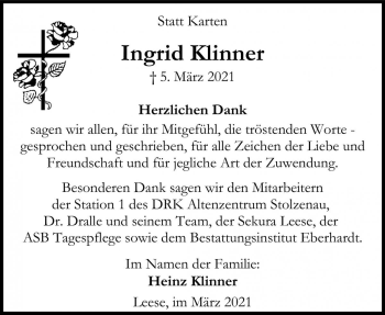 Traueranzeige von Ingrid Klinner von Die Harke