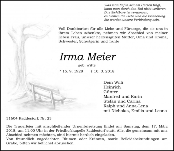 Traueranzeige von Irma Meier von Die Harke