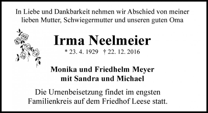 Traueranzeige für Irma Neelmeier vom 27.12.2016 aus Die Harke