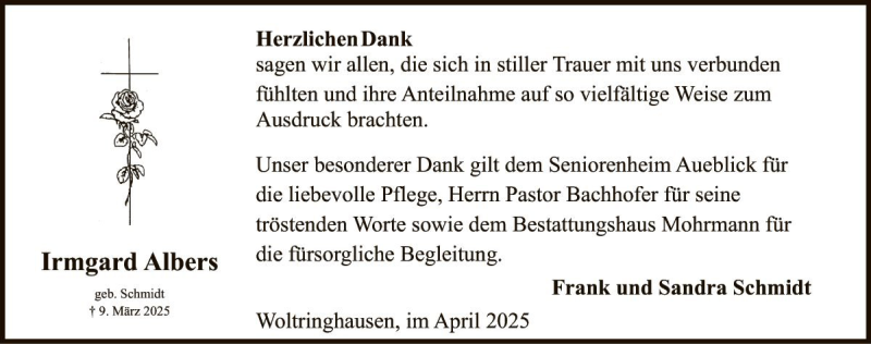  Traueranzeige für Irmgard Albers vom 17.04.2025 aus Die Harke