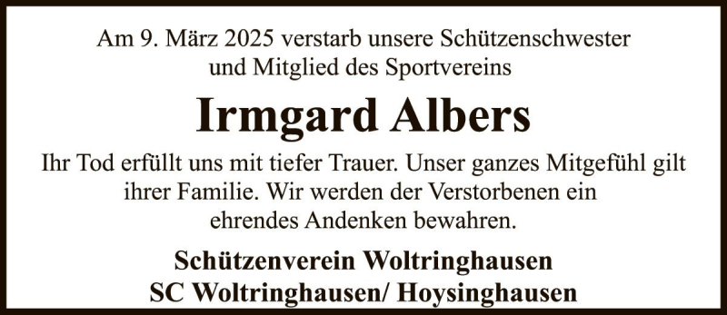  Traueranzeige für Irmgard Albers vom 14.03.2025 aus Die Harke